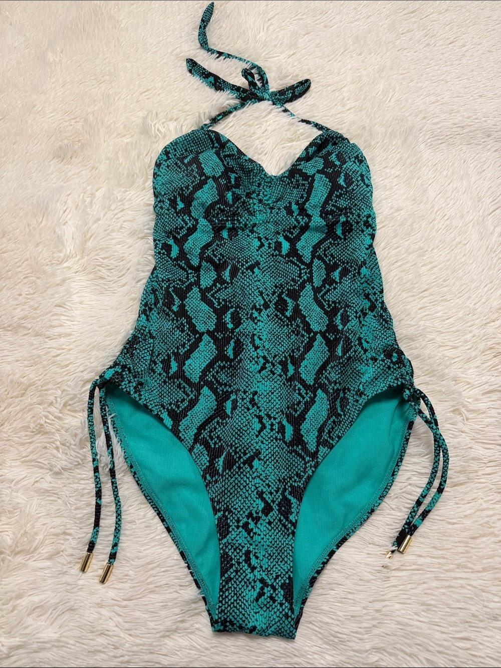 No Boundaries Teal and Black Snake-Print One-Piece Swimsuit